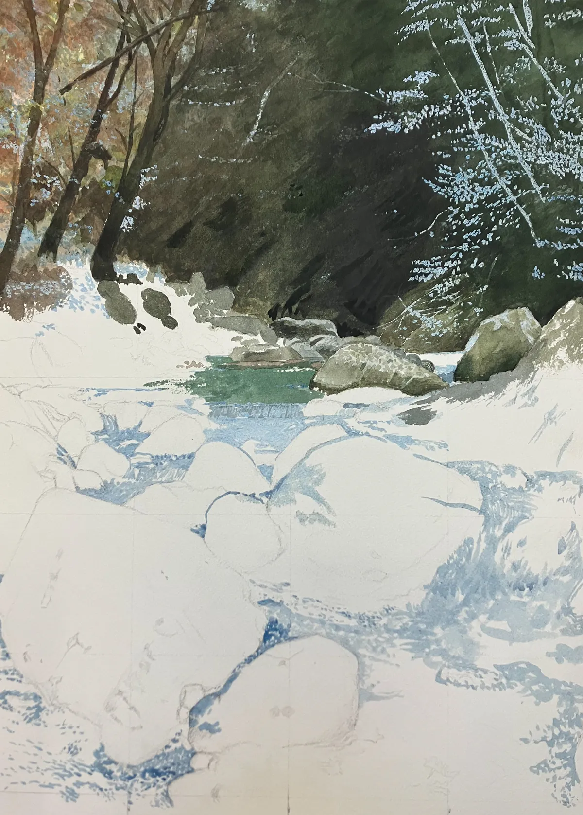 晩秋本谷川の制作過程1